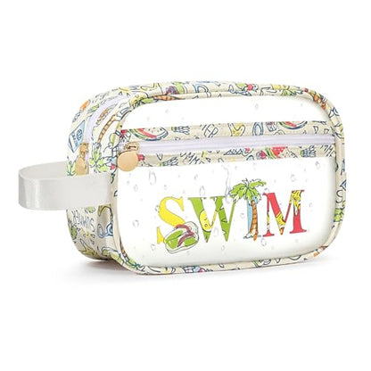 COSHAYSOO Clear SWIM Bag Swimming Pool Day Accessories for Women Teen Girls Bikini Swimsuit Goggle Cap Sunscreen Hair Makeup Organizer, Cute Swimmer Team Gifts Travel Waterproof Small Pouch, Tropical - color: Green SWIM