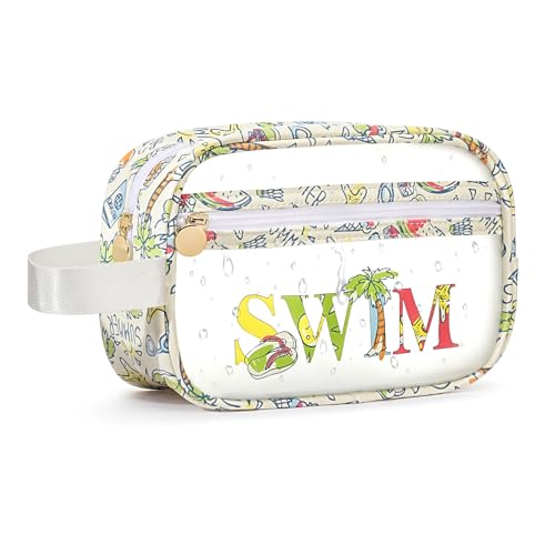 COSHAYSOO Clear SWIM Bag Swimming Pool Day Accessories for Women Teen Girls Bikini Swimsuit Goggle Cap Sunscreen Hair Makeup Organizer, Cute Swimmer Team Gifts Travel Waterproof Small Pouch, Tropical - color: Green SWIM