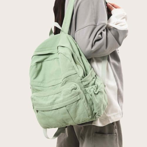 Sage Green Canvas Backpack for Women Retro Aesthetic Rucksack Basic Backpack for High School/College Students Travel Laptop Bag - color: Sage Green