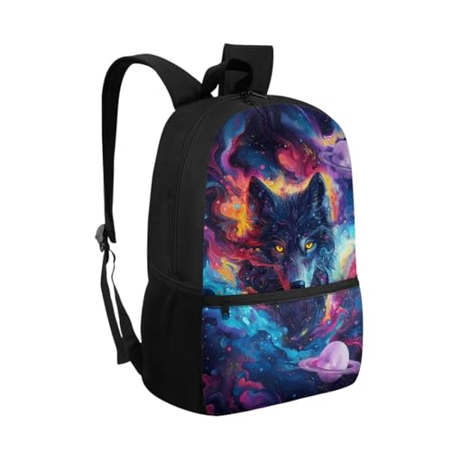 ZOUTAIRONG Bookbag for Teen Girls Mini Thermos with Carry Handle School Bags for Age 7-10/10-12/12-16, Art Galaxy Wolf Print Casual Backpack with Side Pockets - color: Art Galaxy Wolf