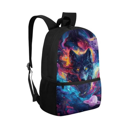 ZOUTAIRONG Bookbag for Teen Girls Mini Thermos with Carry Handle School Bags for Age 7-10/10-12/12-16, Art Galaxy Wolf Print Casual Backpack with Side Pockets - color: Art Galaxy Wolf