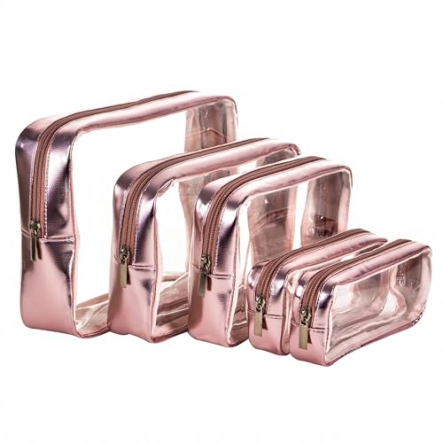 Remobia Hicol TSA Approved 5-Piece Diaper Bag Organizer Pouch Set Clear Waterproof TPU Kids Toiletry Storage Set Travel Packing Clutch Cube Bags for Baby Nursing(Gose gold leather) - color: Gose gold leather