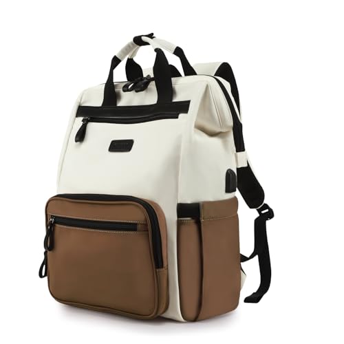 Timeet Laptop Backpack for Women, 15.6 Inch Travel Backpack Purse with USB Charging Port, Waterproof and Anti theft Carry On Backpack for Office College Teacher Women Men, White-Brown - color: White-brown, size: 15.6 Inch