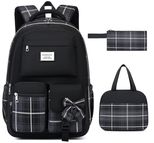 Black Backpack 3 packs for Girls, Cute Teenage Bookbag with Lunch Box for Women Middle School Highschool College Student Mochila Universitaria para Mujer - color: Black, size: 15.6in-3 pack