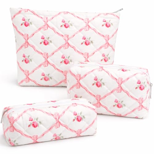 3 Pcs Makeup Bag Cosmetic Bag Set for Girls Women Travel Organizer Bathroom Toiletry Pouch Large Capacity Storage Bag（Pink Ribbon） - color: Pink Ribbon