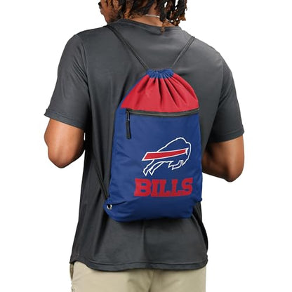 FOCO NFL Officially Licensed Unisex Team Color Football Primary Logo Wordmark Drawstring Backpack With Zippered Pocket - Buffalo Bills - color: Buffalo Bills