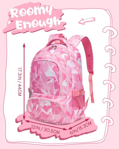 BLUEFAIRY Kids School Backpack for Boys Girls Ages 6-8 8-10 10-12 Elementary Middle School Book Bags with Laptop Compartment Mochilas Escolares para Niños Niñas de 8 10 12 Años (Pink, Geometric) - color: Pink