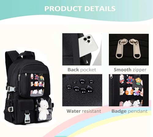 PRLINJSK Kawaii Backpack for Teen Girls - color: Dark Black