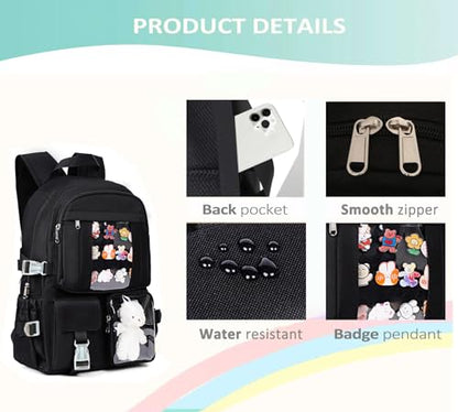PRLINJSK Kawaii Backpack for Teen Girls - color: Dark Black
