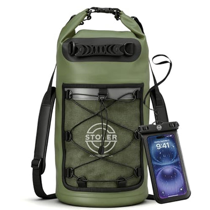 STOVER 5/10/25/30/40/55L Waterproof Dry Bag- Roll-Top Backpack w/Phone Case- Kayaking, Hiking, Camping, Boating- Men/Women - color: 25l Green (With Phone Case), size: 25L