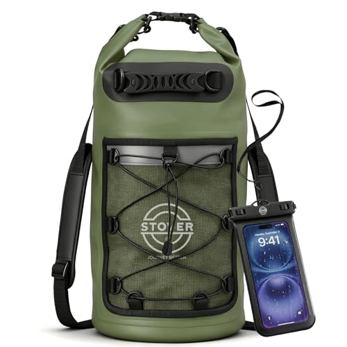 STOVER 5/10/25/30/40/55L Waterproof Dry Bag- Roll-Top Backpack w/Phone Case- Kayaking, Hiking, Camping, Boating- Men/Women - color: 25l Green (With Phone Case), size: 25L