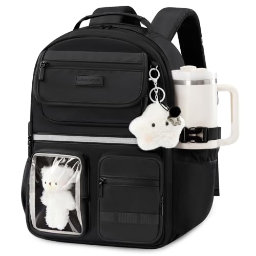 LOVEVOOK School Backpack for Girls, Cute Bookbag for Teen 8-16, DIY Friendly 15.6" Laptop Backpack for Middle High College Student Back to School, Bag with Water Bottle Pocket for Travel,Black - color: Black