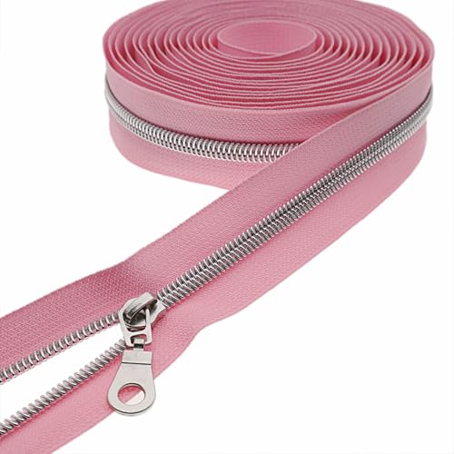 #5 Silver Metallic Nylon Coil Zippers by Yard Bulk Coil Zipper Roll 10 Yards with 25pcs Silver Pull for DIY Sewing Craft Bag(Pink) YIGUANXIN - color: Pink-Silver