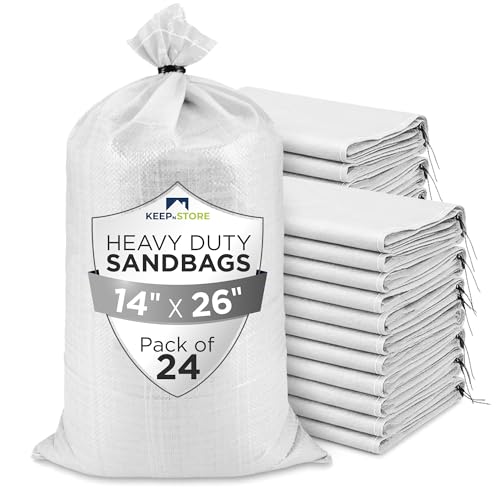 Heavy Duty Sand Bags Pack of 24, White Empty Sandbags with Built-In Ties, Woven Polypropylene UV Protection 1600 Hours, Fillable Bags for Flood Control, Weight, 14x26 inches, 50 Pounds Volume - size: 14"W x 26"L, style: Pack of 24