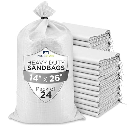 Heavy Duty Sand Bags Pack of 24, White Empty Sandbags with Built-In Ties, Woven Polypropylene UV Protection 1600 Hours, Fillable Bags for Flood Control, Weight, 14x26 inches, 50 Pounds Volume - size: 14"W x 26"L, style: Pack of 24