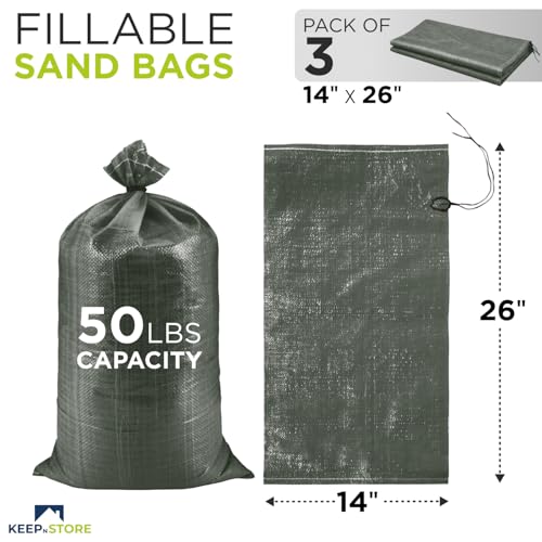 Heavy Duty Sand Bags Pack of 3, Army Green Empty Sandbags with Built-In Ties, Woven Polypropylene UV Protection 1600 Hours, Fillable Bags for Flood Control, Weight, 14x26 inches, 50 Pounds Volume - size: 14"W x 26"L, style: Pack of 3