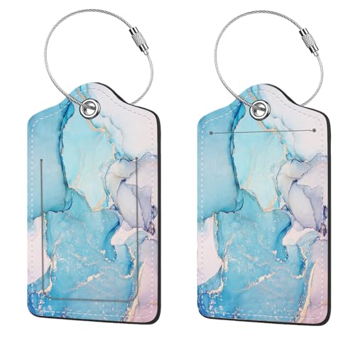 2 Pcs Luggage Tags for Suitcase, Cute Unique PU Leather Travel Bag Tag with Privacy Cover ID Label Address Card and Durable Metal Ring Suitable for Men Women Children Backpack,Blue Marble - color: Blue Marble