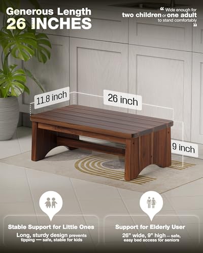 FANATU Extra Wide 26in Wooden Step Stool, Heavy Duty One Step Stool for Adults and Seniors, Holds Up to 550 lbs, Reinforced Cross Bar, Non-Skid Surface (Walnut) - color: Walnut