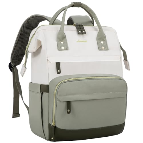 LOVEVOOK Laptop Backpack for Women, 15.6 Inch Work Business Backpacks Purse With Large Capacity, Waterproof Nurse Bag College Bookbag for School, Waterproof Casual Daypack for Travel - color: Beige-light Green, size: 15.6 INCH