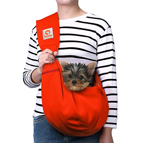 Tomkas Small Dog Cat Sling Carrier Puppy Purse Travel Wrap Soft Crossbody Pet Bag (Red, M - Zip Pocket & Adjust Strap) - color: Red