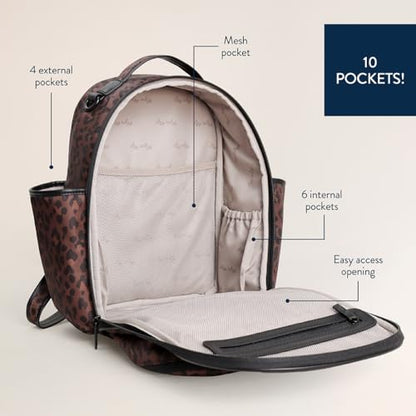 Itzy Ritzy Mini Diaper Bag Backpack – Chic, Compact Mini Plus Backpack with Changing Pad, 10 Pockets (6 Internal, 4 External), Grab-Top Handle & Rubber Feet – Leopard (Woven) - color: Leopard (Woven)