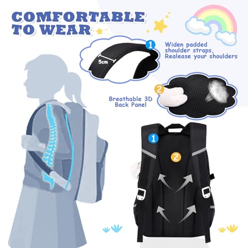 MUSEVOS Girls Backpack for Kids Teenage Elementary Middle High School Backpacks, Lightweight Water Resistant Bookbag Multiple Compartments large Capacity, Black - color: Black