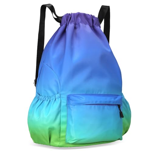 Drawstring Backpack for Women Drawstring Gym Bag Water Resistant Small Cinch Sack Pull String Backpack Bag (Blue-Green) - color: Blue-green
