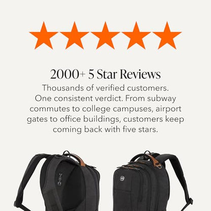 SWISSGEAR Cecil Laptop Backpack, Fits Most 16-Inch Laptops, Three-Compartment Design, Airflow Back Panel, Black, 27.3L, 18-Inch - color: Black Canvas/Brown