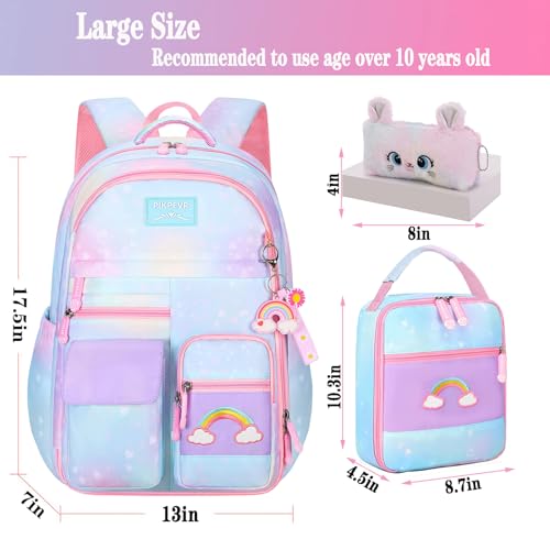 Jcobvig 3Pcs Kids Backpack For Girls,Cute Rainbow Student School Backpack With Lunch Bag Pen Bag Set (Blue Large 17.5in - color: Blue, size: Large