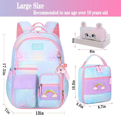Jcobvig 3Pcs Kids Backpack For Girls,Cute Rainbow Student School Backpack With Lunch Bag Pen Bag Set (Blue Large 17.5in - color: Blue, size: Large