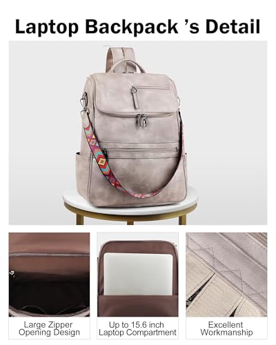 FADEON Laptop Backpack for Women Leather Travel Backpack with Laptop Compartment, Designer PU Shoulder Laptop Bag Grey - color: Grey Retro Style