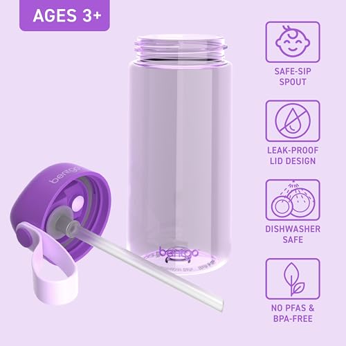 Bentgo Kids Water Bottle - Leak-Proof, Durable Tritan PFAS- & BPA-Free 15 fl oz, Kids/Toddlers Ages 3+ for School & Sports; Bite & Sip Spout, Carrying Handle, Dishwasher Safe (Purple) - color: Purple