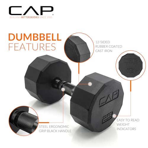 CAP Rubber Coated Hex Dumbbell Set with Storage Rack | 100–210 lb Options, Space-Saving Vertical Compact Storage for Home Gym Strength Training - size: 150 lb - Set, style: 12-Sided Black Handle
