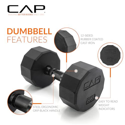 CAP Rubber Coated Hex Dumbbell Set with Storage Rack | 100–210 lb Options, Space-Saving Vertical Compact Storage for Home Gym Strength Training - size: 150 lb - Set, style: 12-Sided Black Handle