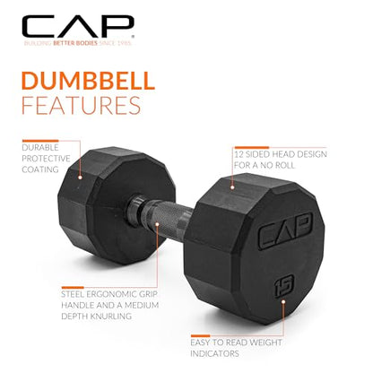 CAP Barbell Coated Hex Dumbbell Weight - Single | 10-120 lbs | Multiple Options - size: 15 lb, style: 12-Sided - Black Handle