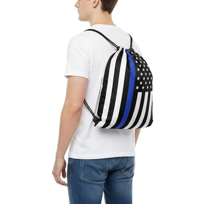 Thin Blue Line American Flag Drawstring Backpack, Lightweight Cinch String Sports Sackpack for Men & Women,pack of 2 - color: Americanflag-blue Stripe