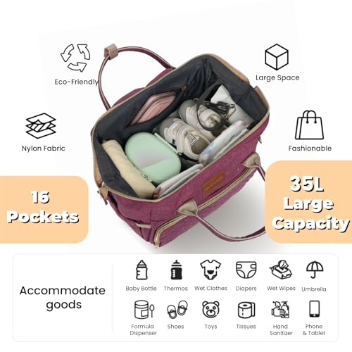ROSEGIN Diaper Bag Backpack with Changing Pad, Pacifier Case, Baby Bag for Boy Girl Toddler - Large, Stylish, Waterproof Travel Quilted Diaper Bag for Mom - Baby Shower - Purple - color: Purple