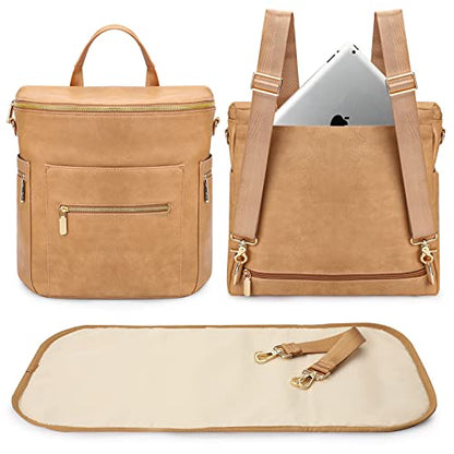 miss fong Diaper Bag Backpack Baby Diaper Bag, Large Leather Diaper Backpack with 16 Pockets Travel Diaper Bag with Diaper Changing Pad, Pañaleras Para Bebe for Moms(Convertible, Peanut) - color: Peanut