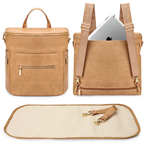 miss fong Diaper Bag Backpack Baby Diaper Bag, Large Leather Diaper Backpack with 16 Pockets Travel Diaper Bag with Diaper Changing Pad, Pañaleras Para Bebe for Moms(Convertible, Peanut) - color: Peanut