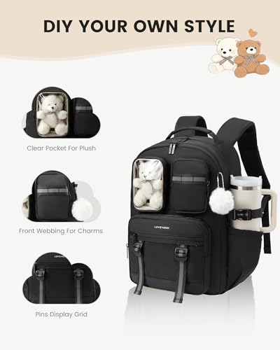 LOVEVOOK Cute School Backpack for Girls Ages 8-14, Bookbag with Plush Bear & Clear Display Pocket, Fits 15.6 Inch Laptop & 40oz Tumbler, Back to School Backpack for Elementary & Middle School - color: Black