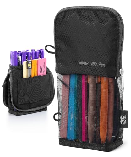 Mr. Pen- Standing Pencil Case Pouch, Sit & Lay Mesh-View Design, Black with Gray Zipper, Interior Pocket & 2 Elastic Binder Loops, Cute Pencil Case for Girls and Boys - color: Black with Gray Zipper