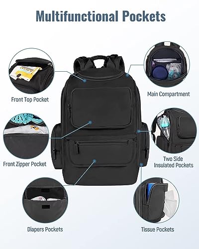 Mancro Diaper Bag Backpack, Multifunctional Dad Diaper Bag with 2 Side Insulated Pockets, Travel Water Resistant Baby Diaper Backpack for Men Women with Stroller Straps, Black - color: Black, size: Large