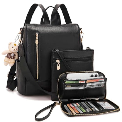 Soperwillton Women Fashion Backpack Purse Anti-Theft Leather Shoulder Bag Travel Multi Pockets Handbag Wallet Set 3pcs - color: Black