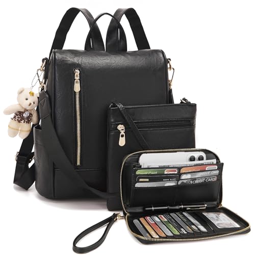 Soperwillton Women Fashion Backpack Purse Anti-Theft Leather Shoulder Bag Travel Multi Pockets Handbag Wallet Set 3pcs - color: Black