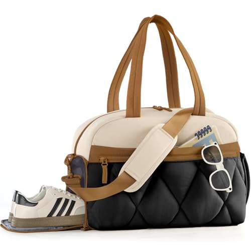 Gym Bag for Women, Puffer Travel Duffle Bag With Shoes Compartment & Wet Pocket, Carry On Tote Bag For Weekender, Overnight, Sport duffel bags for traveling (Beige & Brown, Medium) - color: Beige & Brown, size: Medium