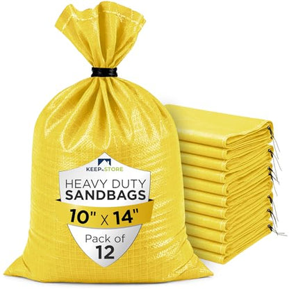 Heavy Duty Sand Bags Pack of 12, Bright Yellow Empty Sandbags with Built-In Ties, Woven Polypropylene UV Protection 1600 Hours, Fillable Bags for Flood Control, Weight, 10x14 inches, 15 Pounds Volume - size: 10"W x 14"L, style: Pack of 12