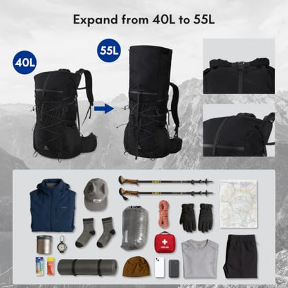 Haimont 40L+15L Roll-Top Backpacking Pack with Rain Cover, Black | Expandable 55L, Hip Belt Support, Sleeping Pad Carry, Pole Attachments, YKK & Duraflex - color: Black