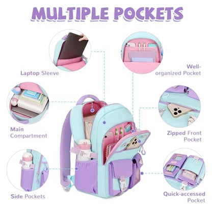 Girls Backpack, Lightweight Kids Backpack Kawaii School Backpacks Bookbag for Primary Elementary School,Age 6-14 years,Black Match Purple (Luggage Strap Ver) - color: 1pc-green & Purple(luggage Strap Ver)