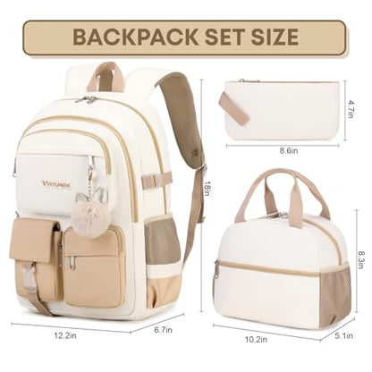 3PCS School Backpack For Student Women College Middle High Teen Girls Bookbag Waterproof Laptop Bag Beige Khaki - color: Beige Khaki