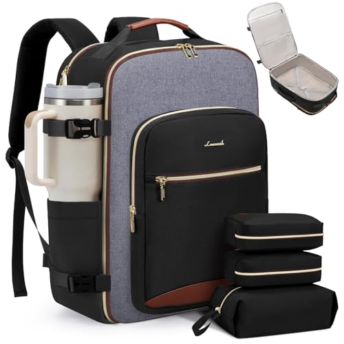 LOVEVOOK 50L Travel Backpack for Women & Men, Airline Approved Carry On Luggage with 3 Packing Cubes, TSA Overnight Bags, Waterproof Personal Item Bag, Weekender Essentials Backpacks fits 17" Laptop - color: Black-grey-brown, size: X-Large